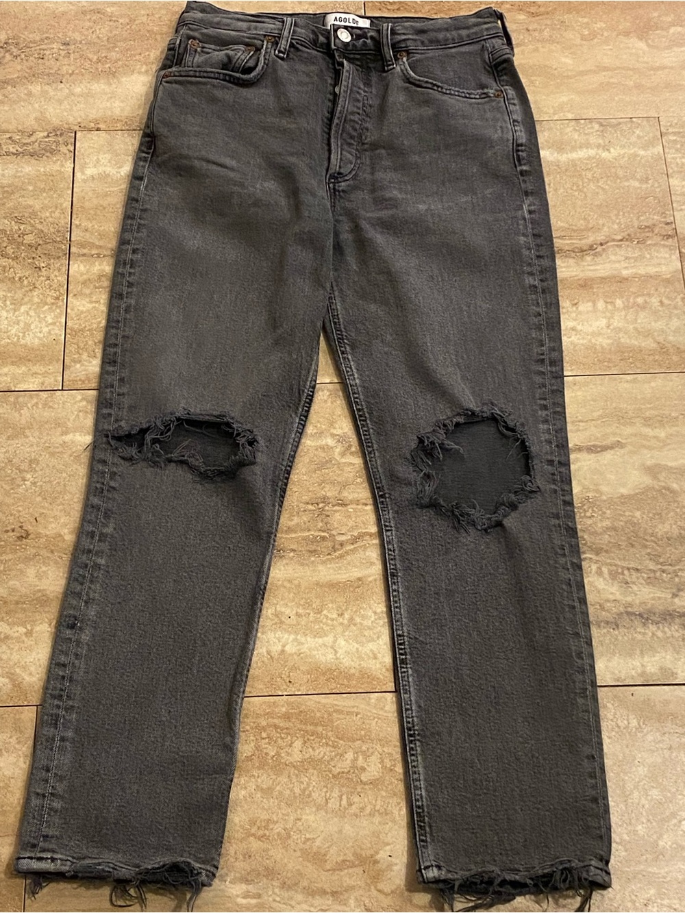 Agolde Women’s Riley Cropped Black Distressed Button Fly Waist 26